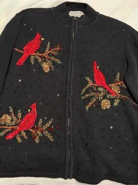 Vintage Black Cardinal Embroidered Zip-Up Sweater